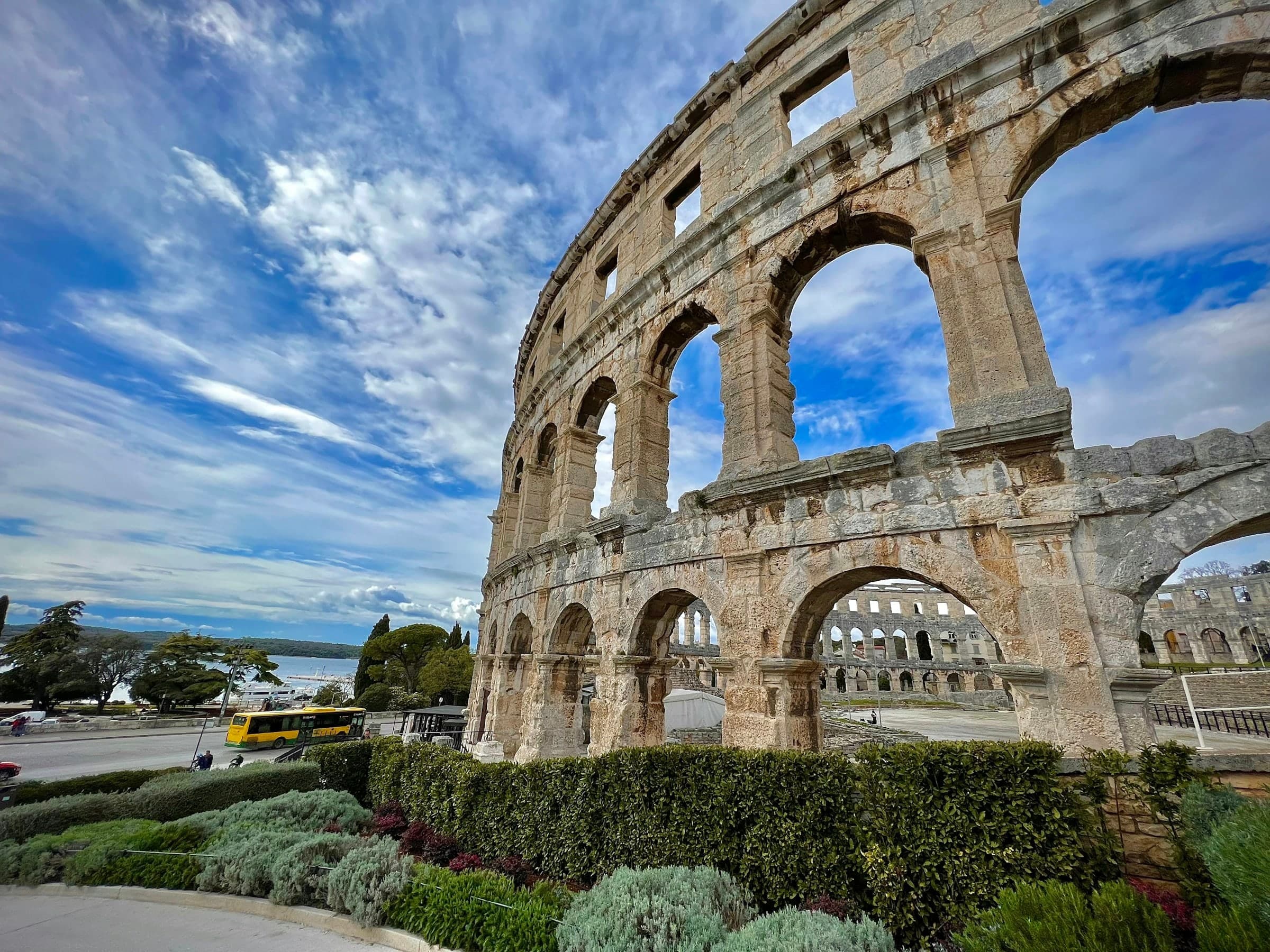 Pula's Roman amphitheatre at golden hour